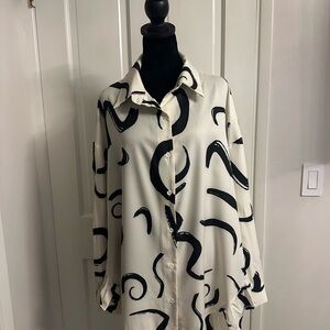SHEIN Cream and Black Swirl Print Blouse